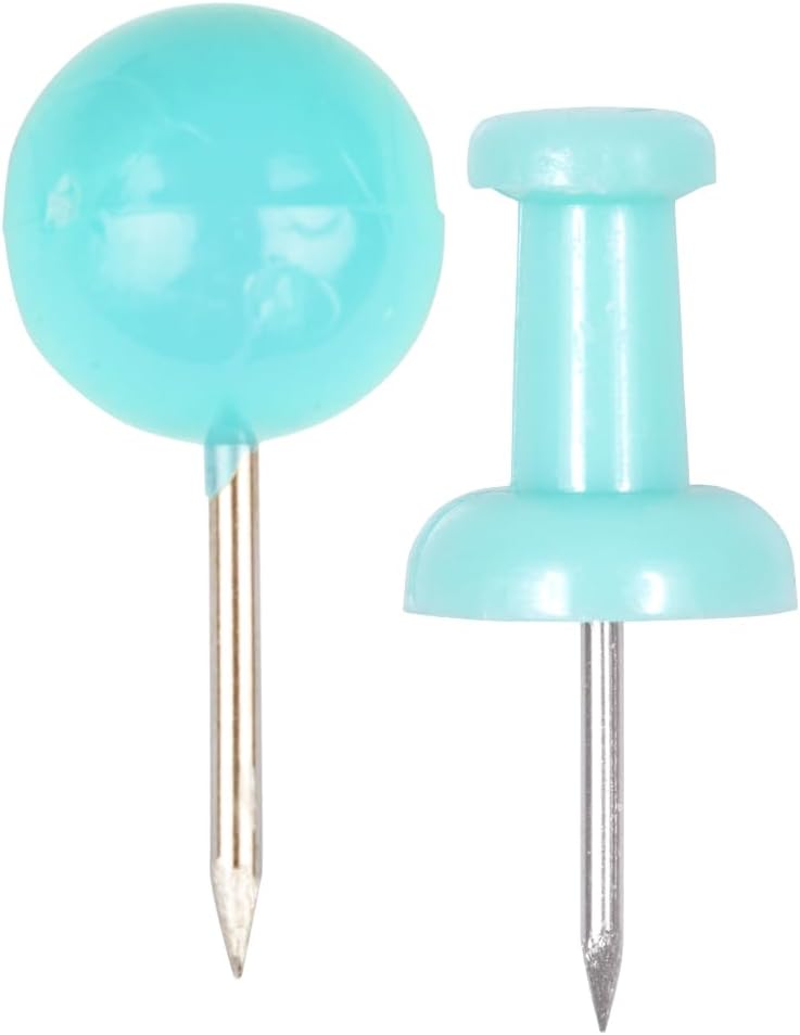 JAM PAPER Colorful Push Pins - Flat & Round Head Thumb Tack Combo Set - Teal Pushpins - 200/Pack