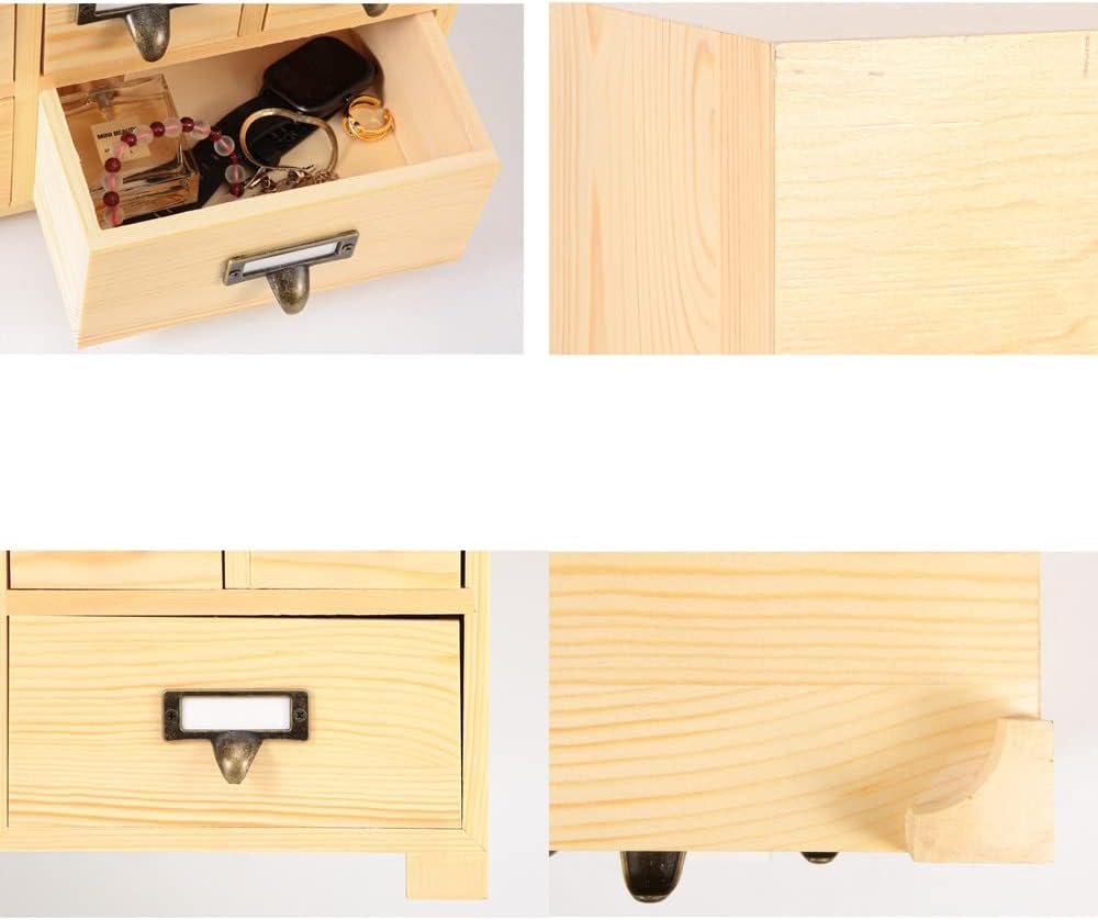 Apothecary Cabinet with 9 Drawers & Labels Rustic Library Card Catalog Cabinet Desktop Wooden Storage Box for Organize Herbal、Tea Bag、Jewelry (Wood)
