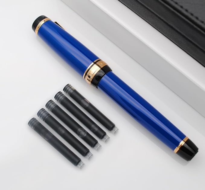 Metal Big Fountain Pen Set Medium Nib 0.7mm, Includes Ink Refill Converter, 5 Ink Cartridges & Gift Box (Medium Nib 0.7mm, Blue)