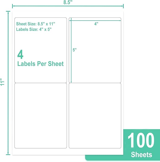 L LIKED 4" x 5" Printable 400 Labels White Matte Shipping Address Labels Stickers for Laser/Inkjet Printer (100 Sheets)