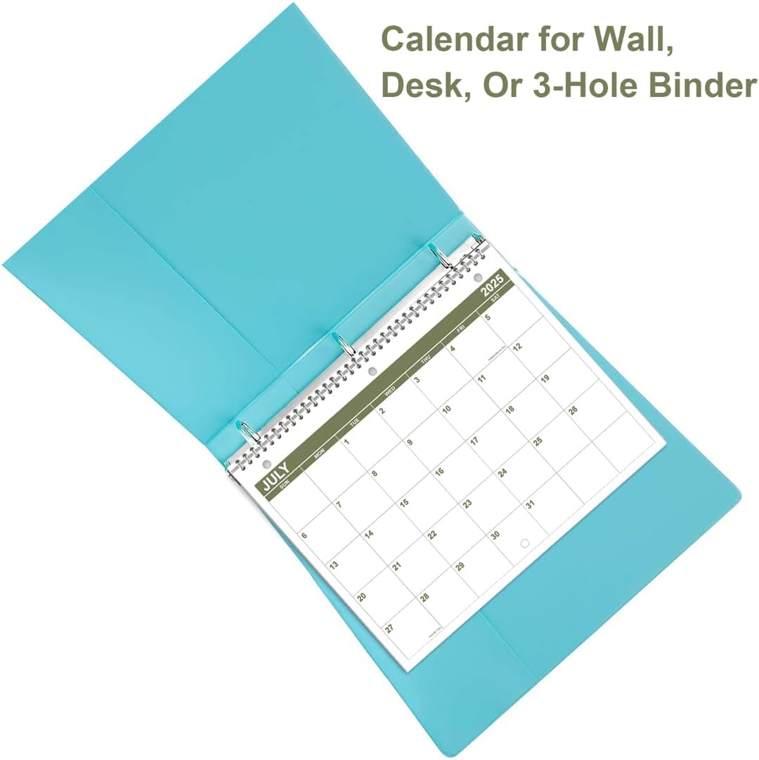 Calendar 2025-2026 for 3 Ring Binder - Calendar 2025-2026 from July 2025 - December 2026, 18 Months Calendar with Premium Paper, 3-Hole Wall Calendar, 8.5" x 11", Green