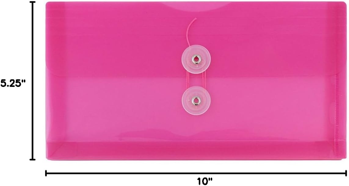 JAM PAPER Plastic Envelopes with Button & String Tie Closure - #10 Business Booklet - 5 1/4 x 10 - Fuchsia Pink - 12/Pack
