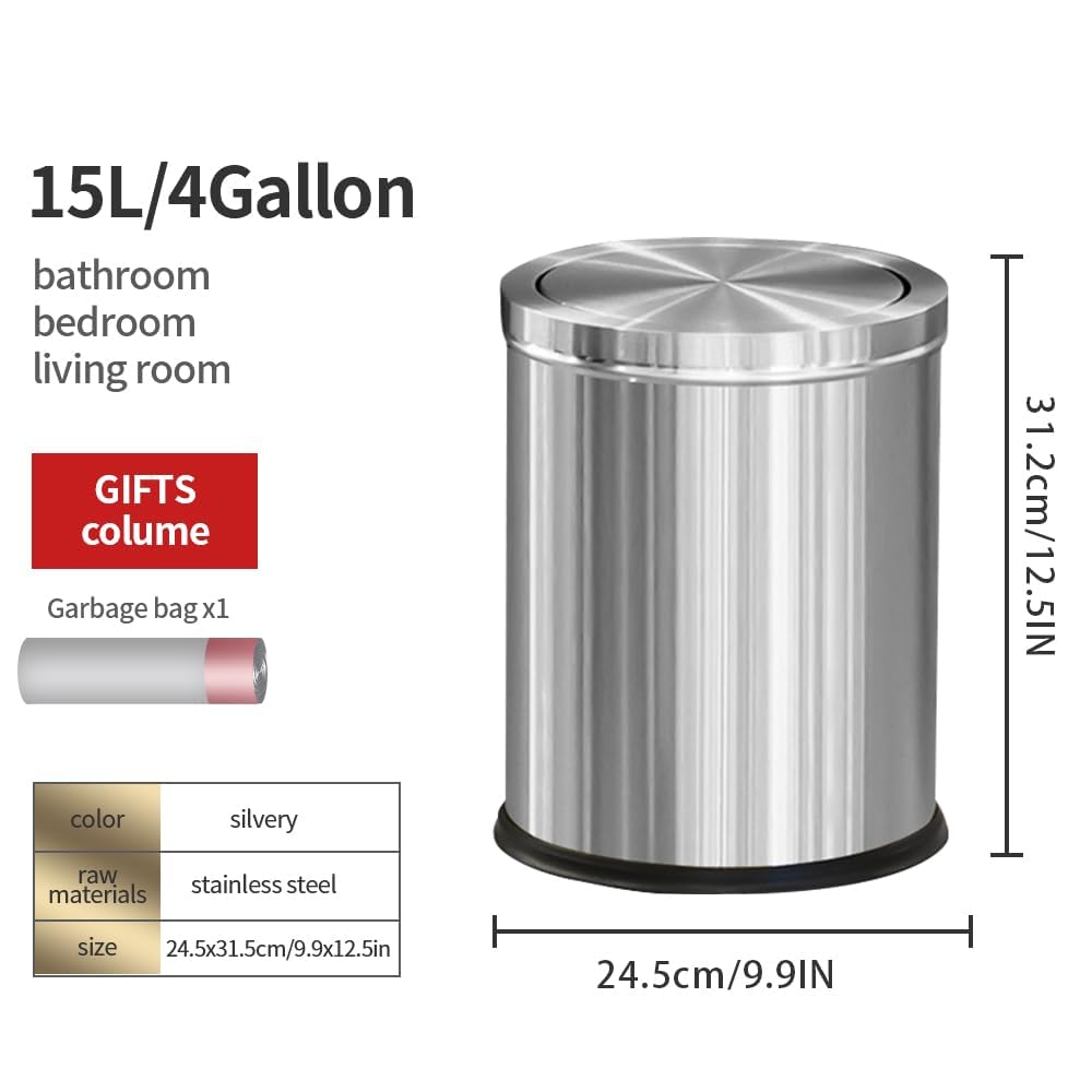 15L/4GAL Silver Stainless Steel Bathroom Garbage can, Bathroom Trash Can with Flipping Lid,Brushed Nickel Gaebage Can for Bedroom,Living Room,Office,Hotel,Shop,Restaurant (15L-Silver)