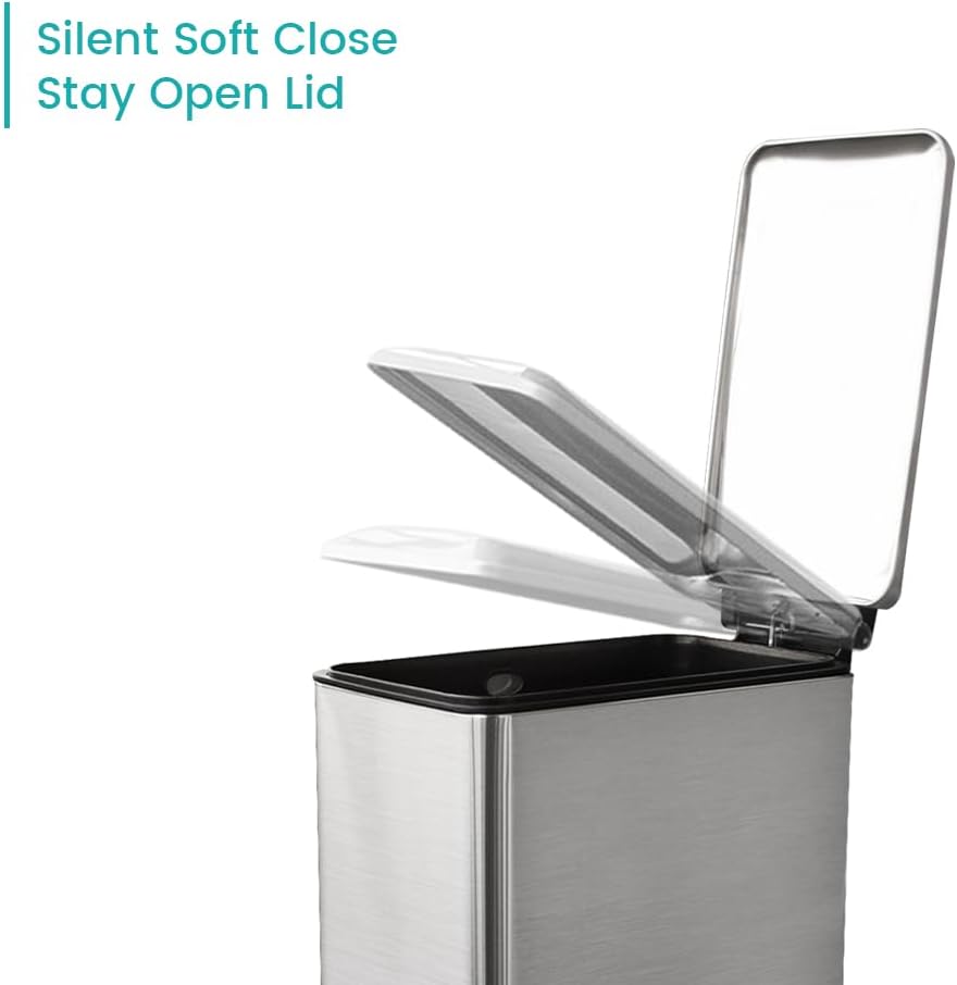 16.7L/ 4.4 Gallon Rectangular Slim Kitchen Trash Can with Removable Inner Bucket, Soft Close lid, Stainless Steel Step Pedal Garbage Can for Bathroom, Kitchen, Home Office, Brushed Silver