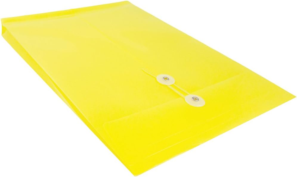 JAM PAPER Plastic Envelopes with Button & String Tie Closure - Legal Open End - 9 3/4 x 14 1/2 - Yellow - 12/Pack