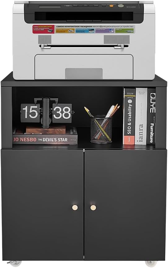 Metal Printer Stand with Storage, Large Black Printer Cabinet with Wheels and Adjustable Shelf for Home Office, Heavy Duty Printer Table
