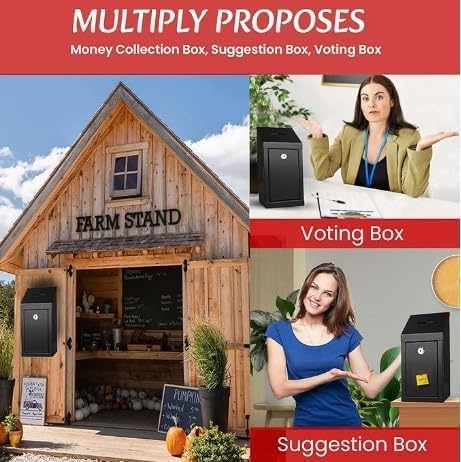 Metal Donation Box-Suggestion Box with Slot and lock-Cash Lock box for Money-Waterproof Drop Box-Comment and ballot voting box-comes with pre-drilled holes for easy wall mounting 10x6x2.5"(Black)