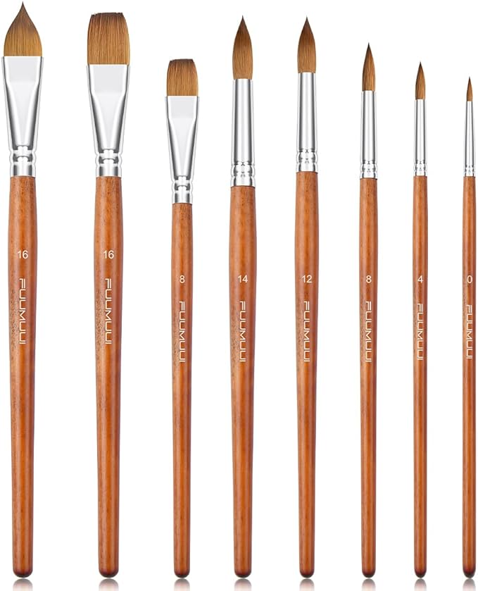 Sable Watercolor Brushes Professional, Fuumuui 8Pcs Sable Brush Set Variety Shapes with Flat, Round Pointed, Liner, Cat's Tongue Oval Wash Perfect for Watercolor Acrylic Gouache Inks Painting