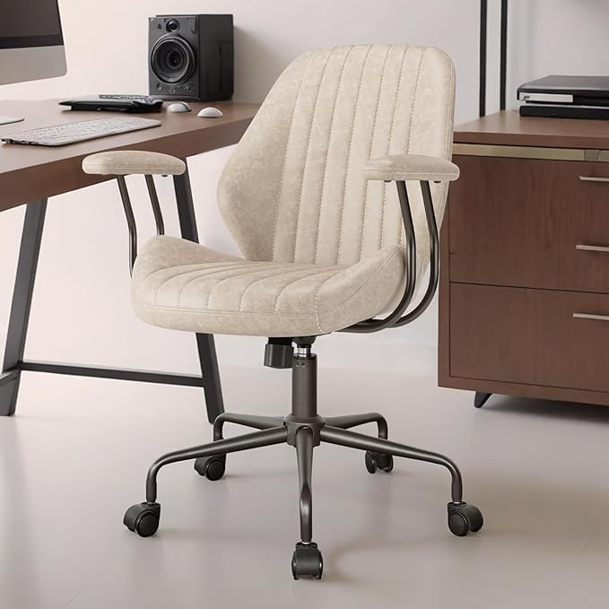 Mid Century Modren Office Chair - Swivel Executive Chair with Lumbar Support, Mid Back Ergonomic Computer Desk Chair with Wheels,Faux Lether Suede Task Chair,350lbs (Beige, Mid Back)