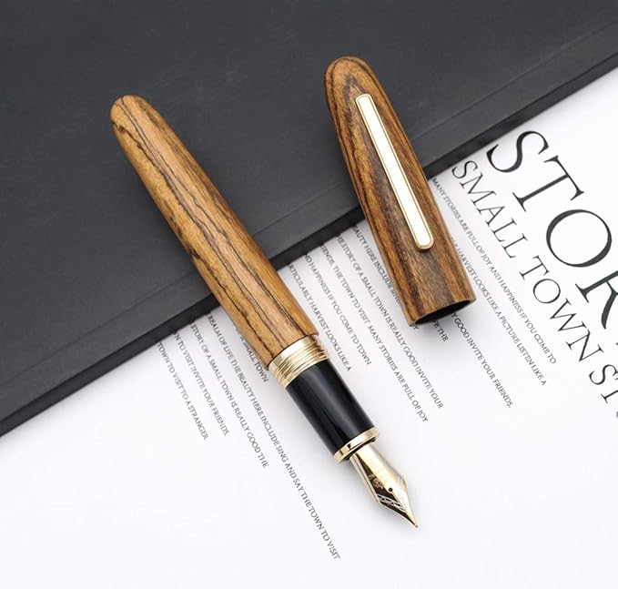 JINHAO 9056 Natural Wood Fountain Pen Handmade Ink Pen (Tiger Wood, Fine Nib 0.5mm)