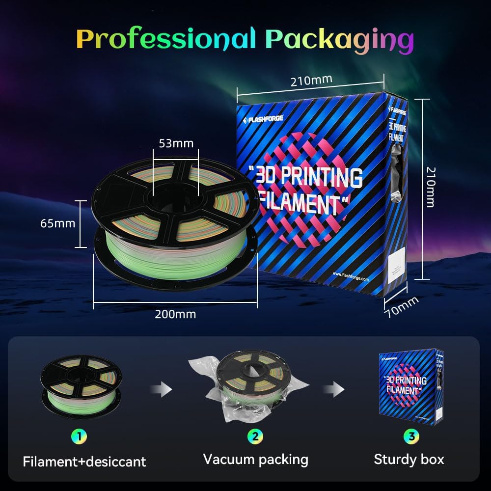 FLASHFORGE Glow in The Dark Rapid PLA Filament 1.75mm, Luminous Melody Fast Color Change Multicolored Rainbow Filament, Max 500mm/s High-Speed Printing, High Brightness and Long-lasting Glowing Effect