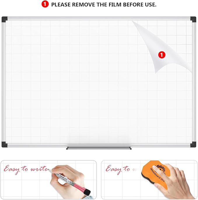 XBoard Magnetic Dry Erase Board with Lines 48 x 36 Inch, 4' x 3' Double Sided Hanging White Board Planner for Wall | Grid Lined White Board + Message Presentation Board