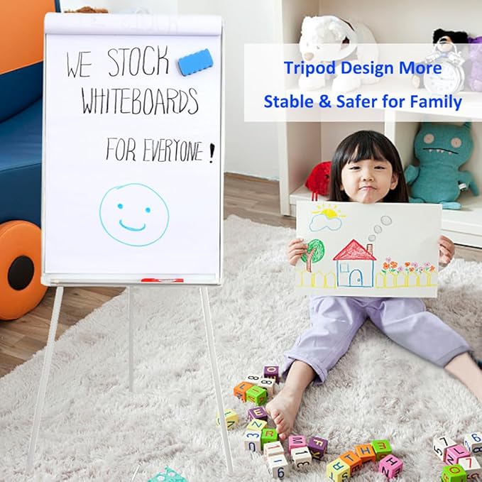 40"x28" Magnetic Dry Erase Board Easel Stand - Adjustable Height Tripod Whiteboard | Includes Flipchart Pad, 6 Magnets & Eraser | Portable Presentation Board for Office, School,White Frame