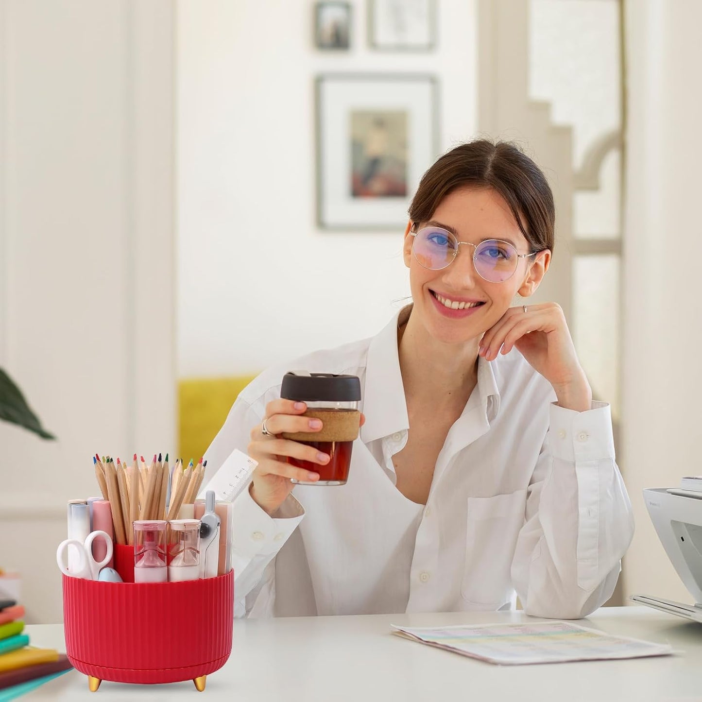 SKYDUE 360 Degree Rotating Desk Organizer, Dual-Purpose Pencil Pen Holder, Pen Organizer with 5 Slots, Pencil Cup for Office, School, Home