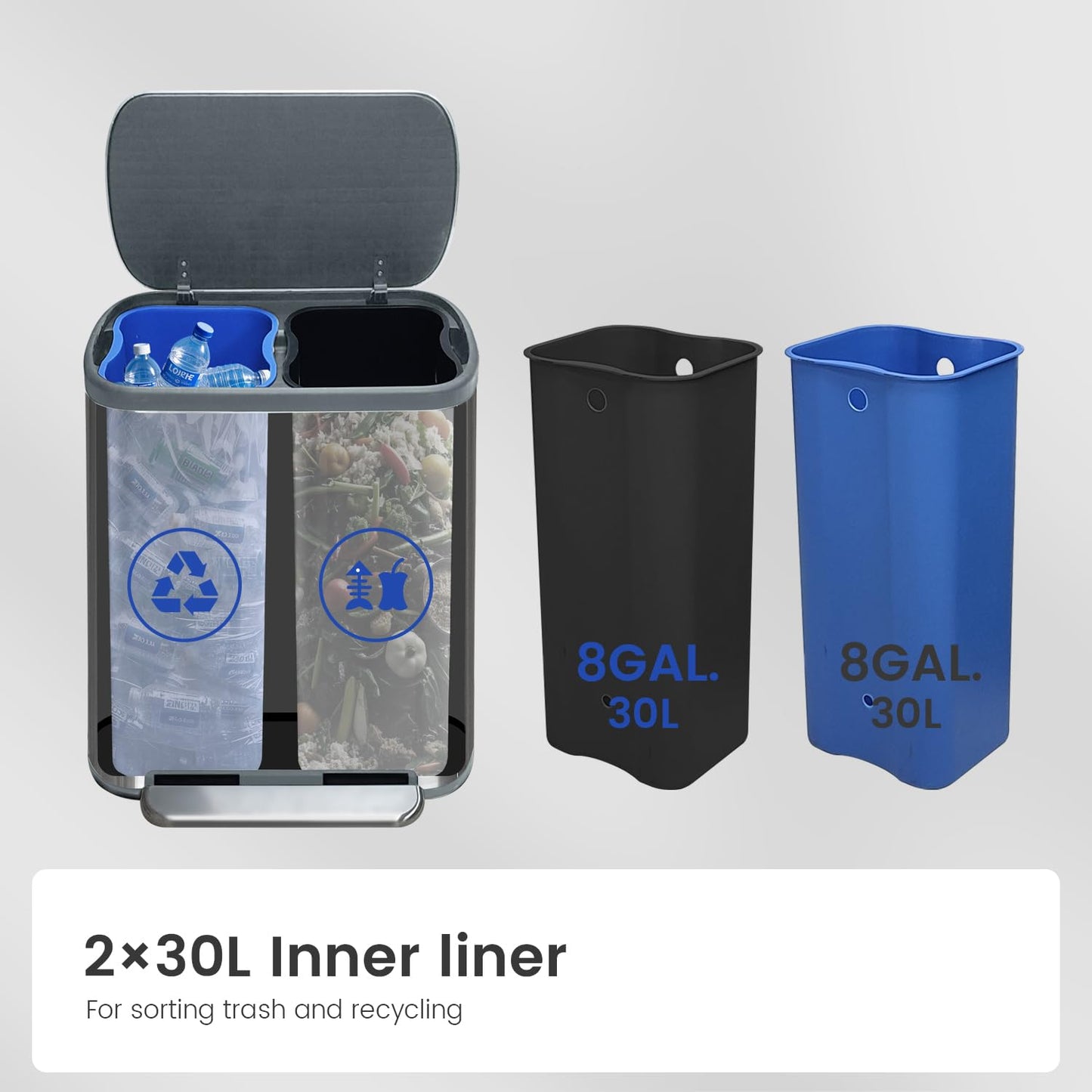 Kitchen Trash Can 16 Gallon, 2 x 30 Liters Trash and Recycle bin Combo, Dual Compartment & Soft Close Lid, Stainless Steel Trash Can, Fingerprint-Proof, 60L Pedal Recycling Bin