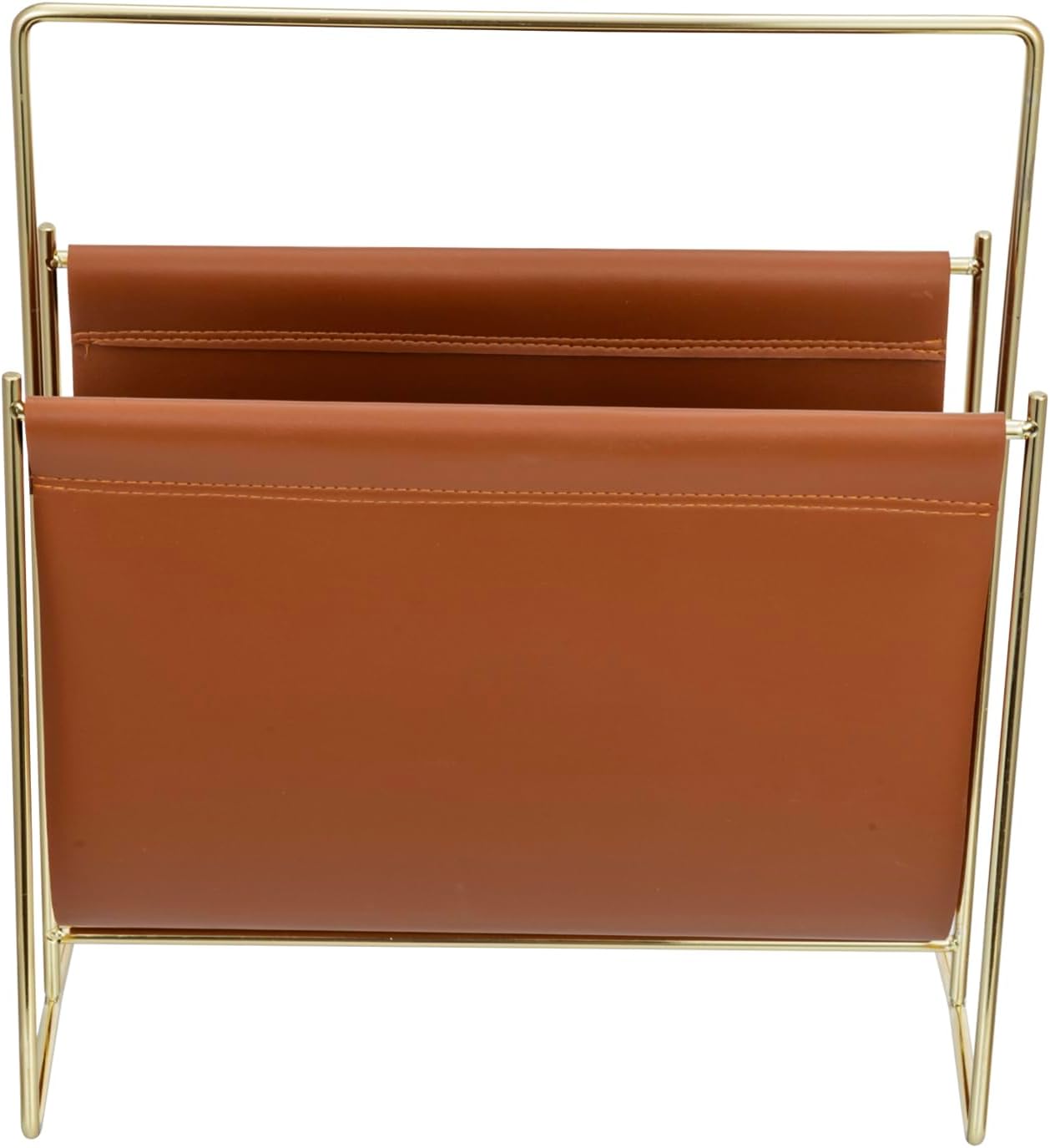 MyGift 13 inch Modern Caramel Leatherette Magazine Holder Floor Standing Sling Style Rack with Brass Tone Metal Frame