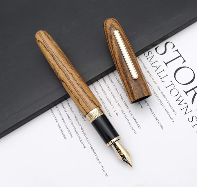 JINHAO 9056 Natural Wood Fountain Pen Handmade Ink Pen (Tiger Wood, Medium Nib 0.7mm)