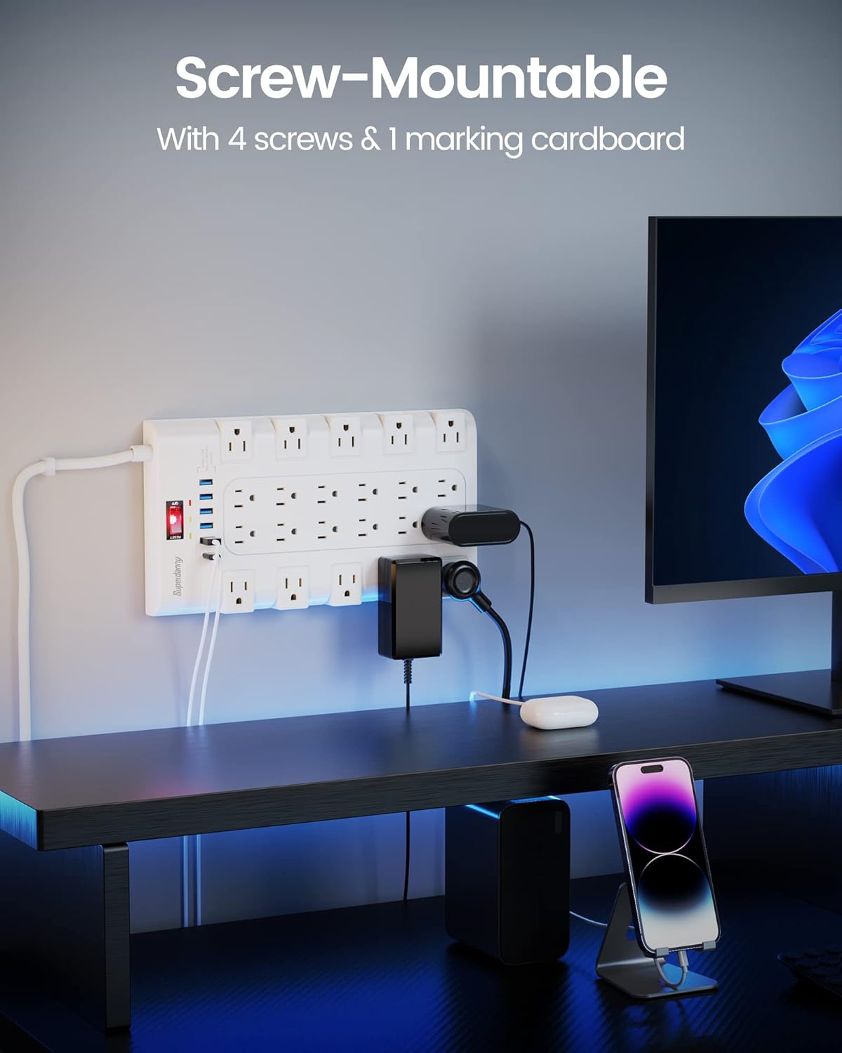 SUPERDANNY Power Strip Surge Protector with 22 AC Outlets and 6 USB Charging Ports, 6.5Ft Mountable Flat Plug Extension Cord (1875W/15A) for Home, Office, Dorm, Gaming Room, 2100 Joules, White