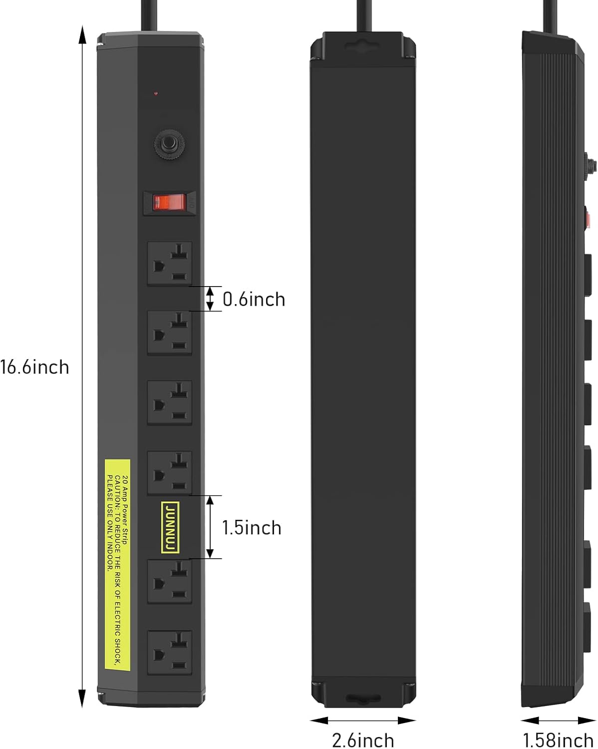 JUNNUJ Heavy Duty 20 Amp Power Strip 2 Pack, High Amp Surge Protector 6 Outlet, 20A Power Workshop Industrial Outlets Wide Spaced 6-20R T-Slot with Circuit Breaker,12 Gauge Extension Cord 6ft