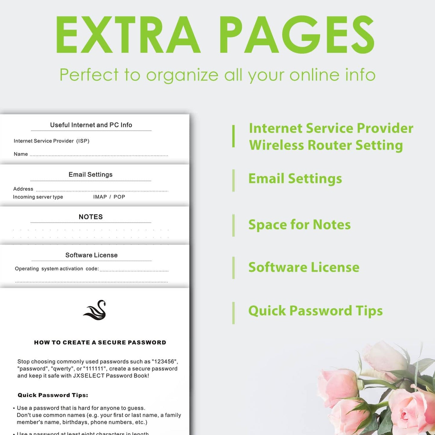 Elegant Password Book with Alphabetical Tabs - Hardcover Password Book for Internet Website Address Login - 7" x 10" Password Keeper and Organizer w/Notes Section & Back Pocket (Green)