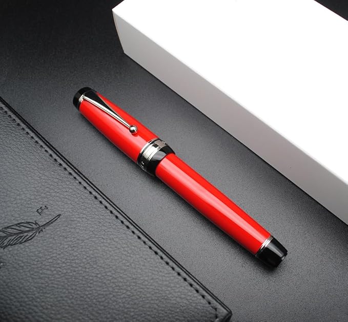 Metal Big Fountain Pen Set Medium Nib 0.7mm, Includes Ink Refill Converter, 5 Ink Cartridges & Gift Box (Medium Nib 0.7mm, Red with Silvery Clip)
