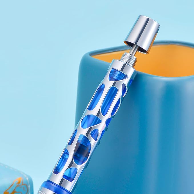 Asvine V169 Vacuum Filling Fountain Pen Medium Nib, Water Drop Skeleton Transparent Blue Acrylic Pen Case Set