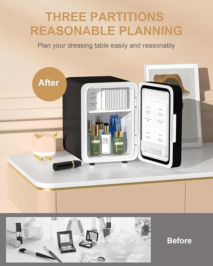 Makeup Fridge With Dimmable LED Light Mirror, 4L Mini Fridge for Bedroom, Car, Office & Dorm, Cooler & Warmer, Portable Small Refrigerator for Cosmetics, Skin Care and Food, Black