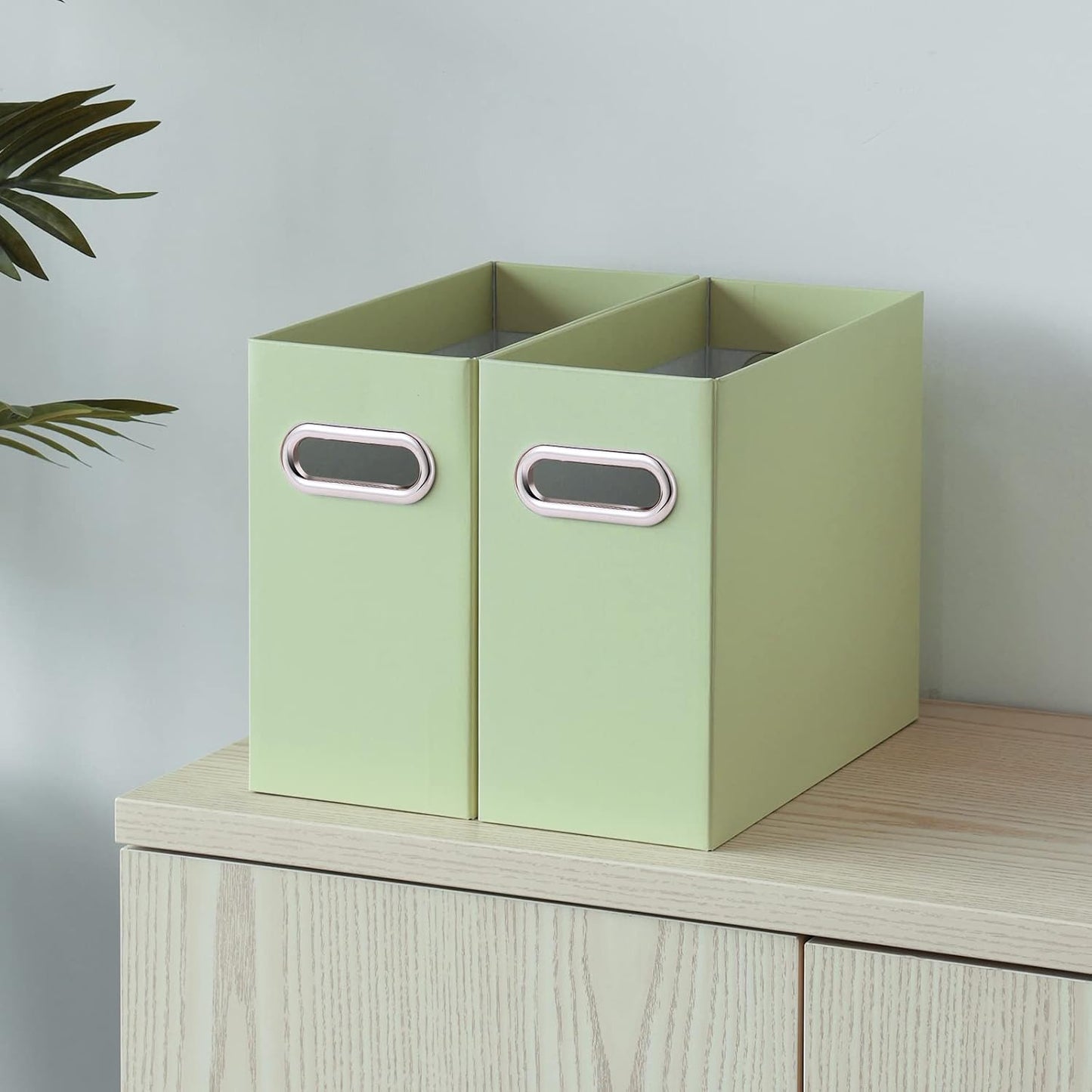 Oterri File Organizer, 4 Packs Small Storage Box, Cardboard File Folder Organizer, Collapsible File Box for Hanging File Folders Letter Size, Portable Filing Organizer with Handle(Green)