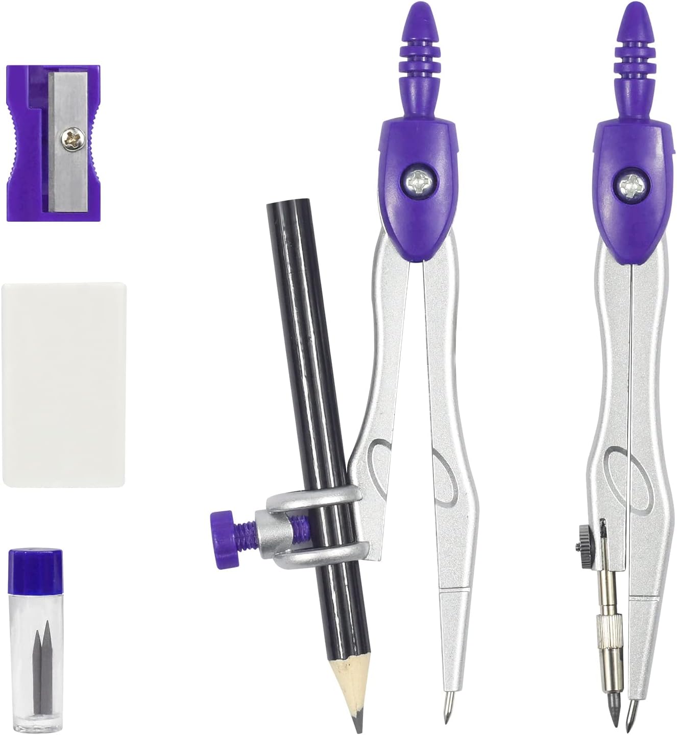Math Geometry Kit Sets 10 Piece Student Supplies with Shatterproof Storage Box,Includes Rulers,Protractor,Compass,Eraser,Pencil Sharpener,Lead Refills,Pencil,for Drafting and Drawings(Purple)