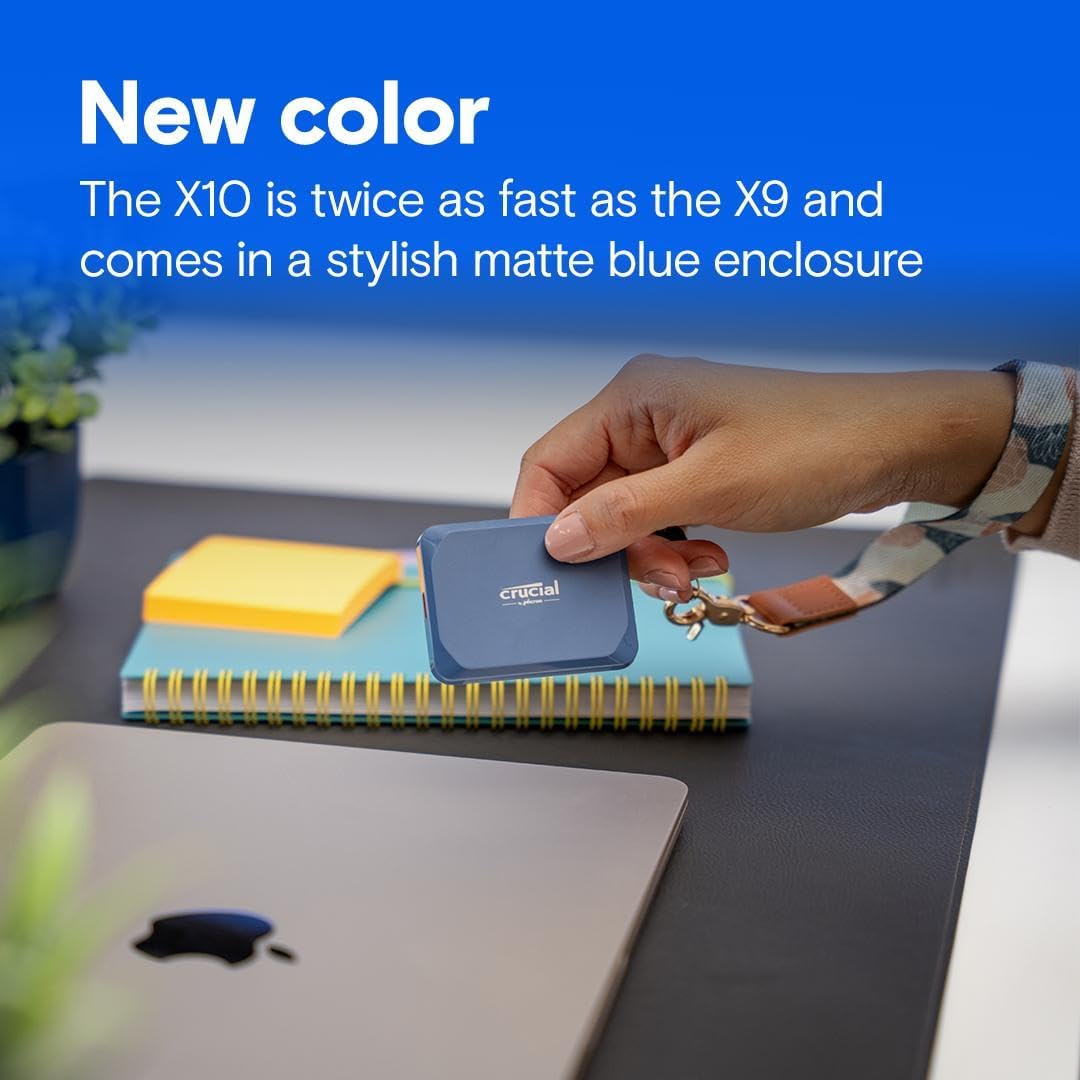 Crucial X10 1TB Portable SSD, Up to 2,100MB/s, USB 3.2 USB-C, External Solid State Drive, Compatible with Windows, Mac & Android, Durable Storage for Games, Photos & Files, Blue - CT1000X10SSD9-02