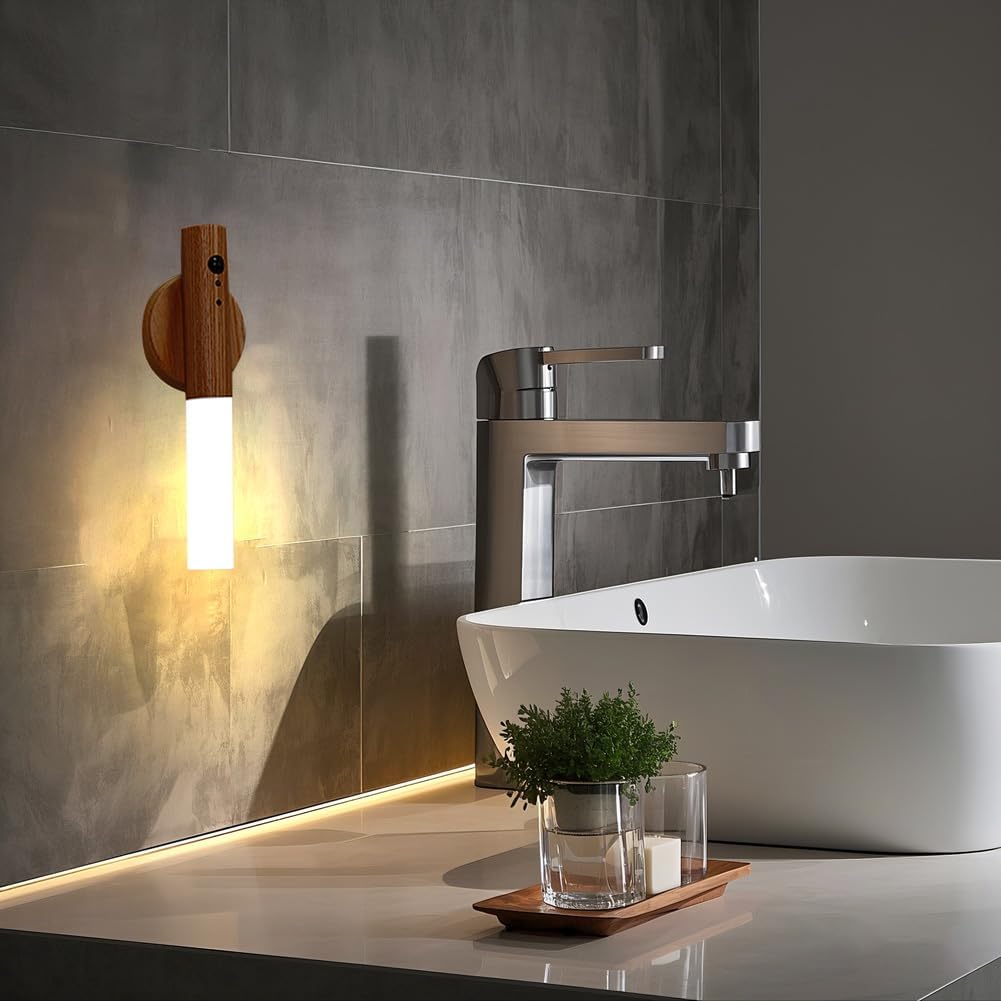 LANDGOO Motion Sensor Night Light RGB & Touch Control | USB-C Rechargeable Wooden Wall Sconce | Bathroom/Bedroom Light for Hallway, Stairs, Closet, Kids Room, Vanity, (Walnut Wood)