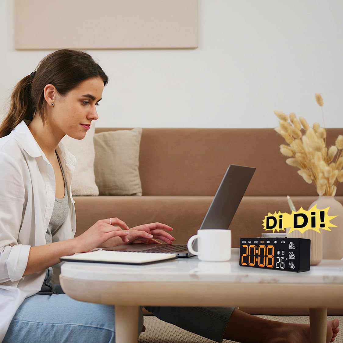 8 Inch LED Digital Desk Clock with Medication Reminders – Large Display with Time, Date, Day, Temperature, Triple Pill Alerts, Dual Alarm, Silent Clock for Home and Office,Orange