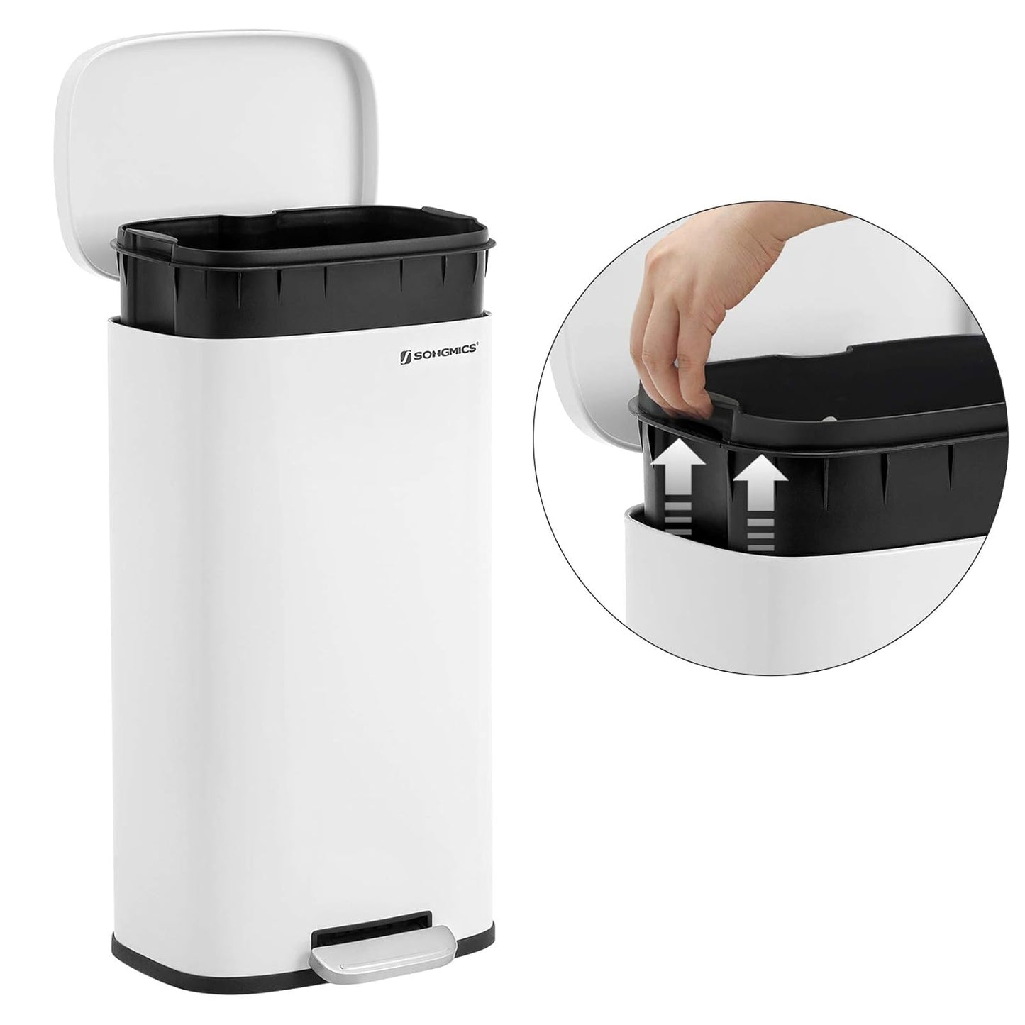 SONGMICS Trash Can with Lid, 8 Gallon Garbage Can, Stainless Steel Small Waste Bin with Step Pedal and Inner Bucket, Soft Close, Kitchen, White ULTB102W01