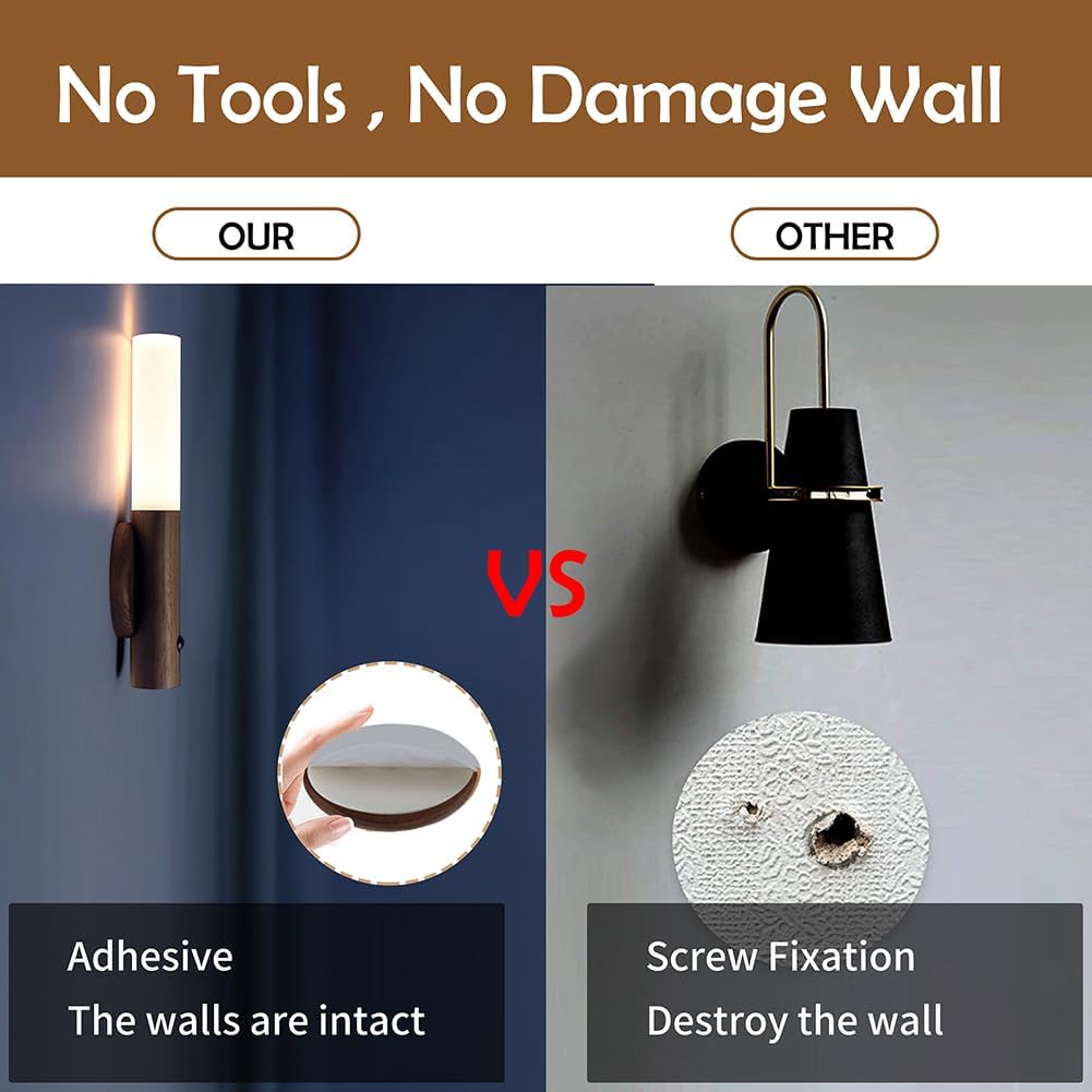 LANDGOO Wooden Motion Sensor Night Lights Magnet Body Sensor Hallway Night Lights Rechargeable Led Light Portable Stairway Wall Sconce Battery Powered Cabinet Lights (Walnut Wood 1PC)