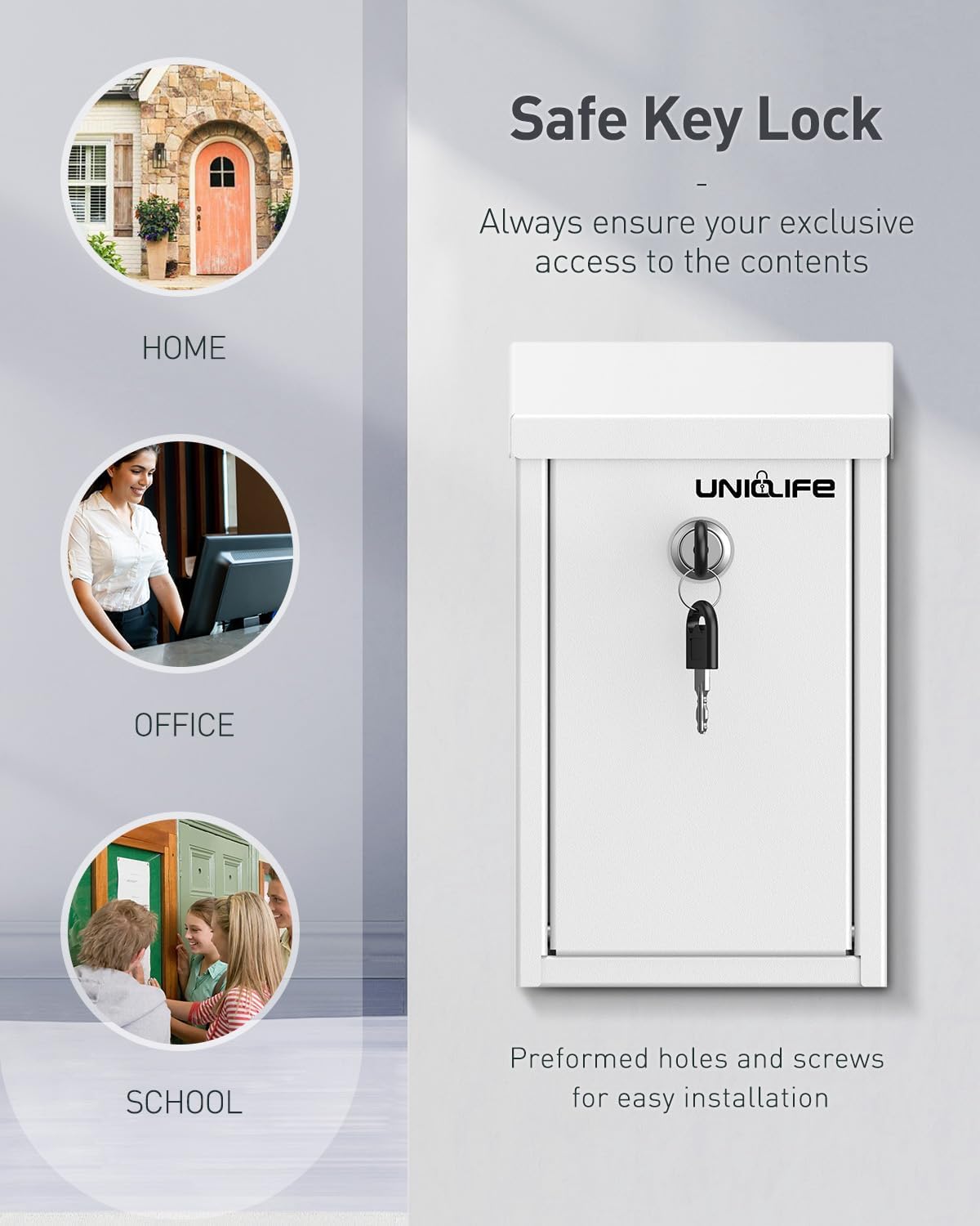 Uniclife Key Drop Box for Outside, White Metal Donation Box Collection Box with Key Lock, Safe Suggestion Box, Wall Mounted Mailbox with Top Slot, Steel Cash Drop Box for Home Office and Business