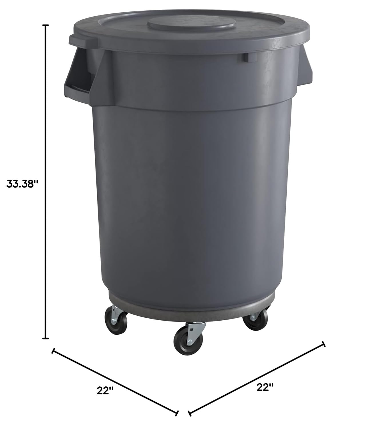 32 Gallon Gray Round Commercial Trash Can with Lid and Dolly