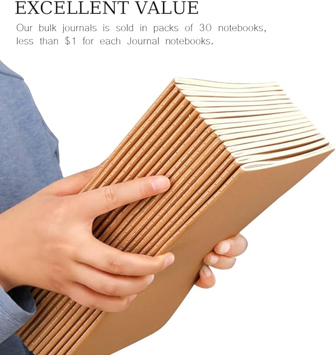 30 Pack Journal Notebook, Kraft Cover Lined Paper Journal for Traveler, Notes, Memo - Bulk Journals Sewn Brown Notebook, 80 Pages, 8.3'' x 5.5''