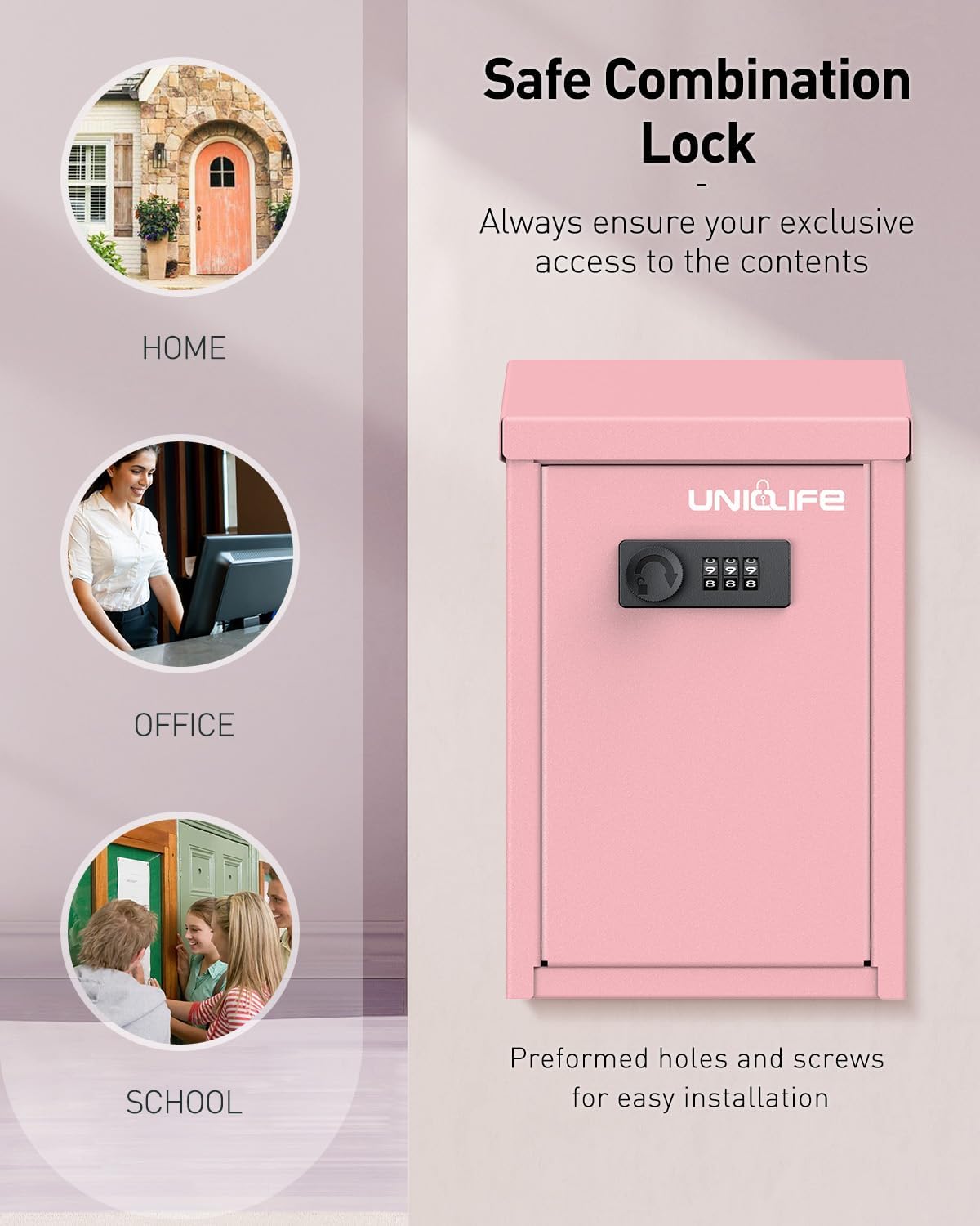 Uniclife Pink Metal Wall Mounted Mailbox with Top Slot, Key Drop Box with Combination Lock for Outside, Donation Box Collection Boxes, Safe Suggestion Boxes, Steel Cash Drop Chest
