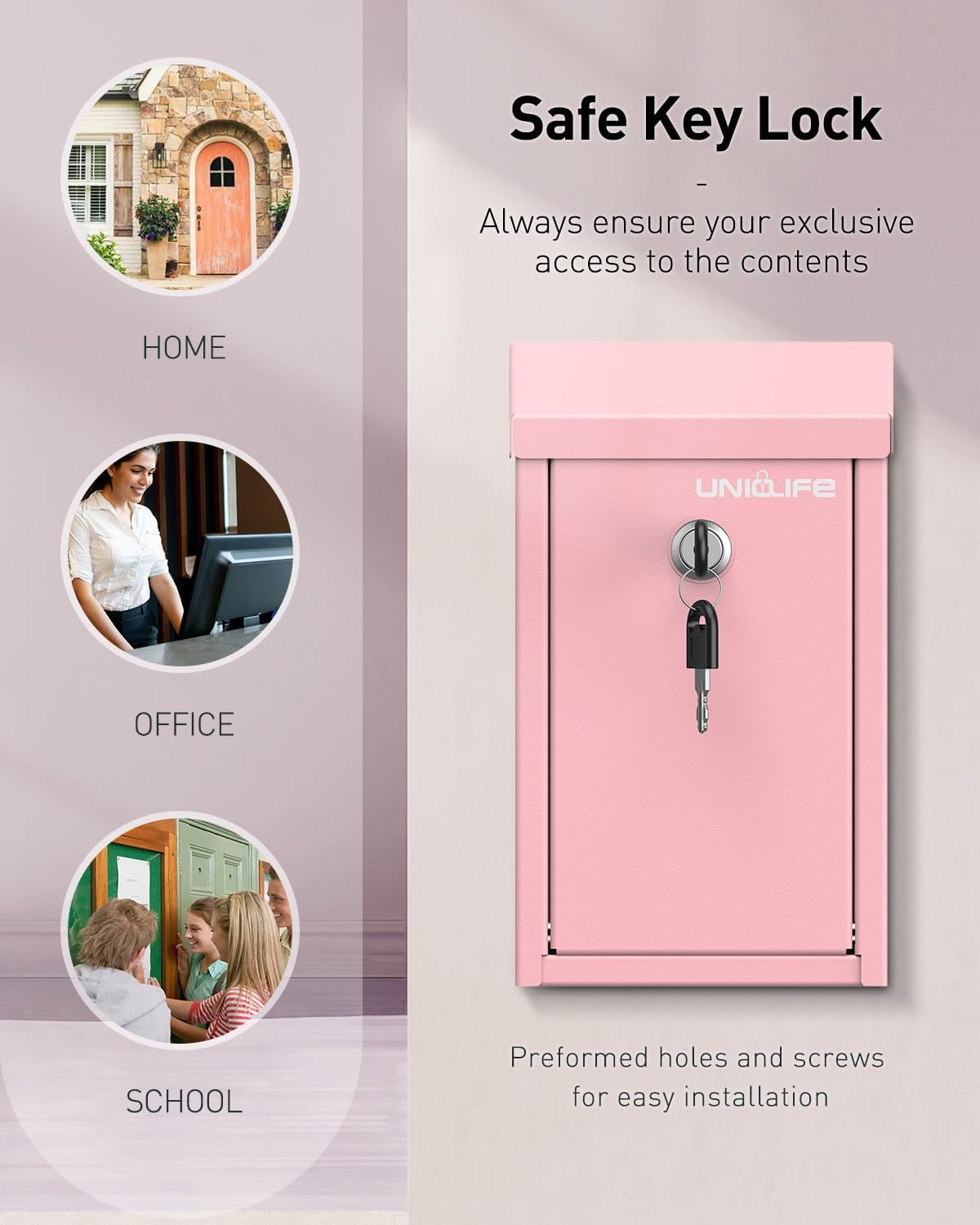 Uniclife Pink Key Drop Box for Outside, Metal Safe Suggestion Box with Key Lock, Collection Boxes Donation Chest, Wall Mounted Mailbox with Top Slot, Steel Cash Drop Chest for Home Office Business