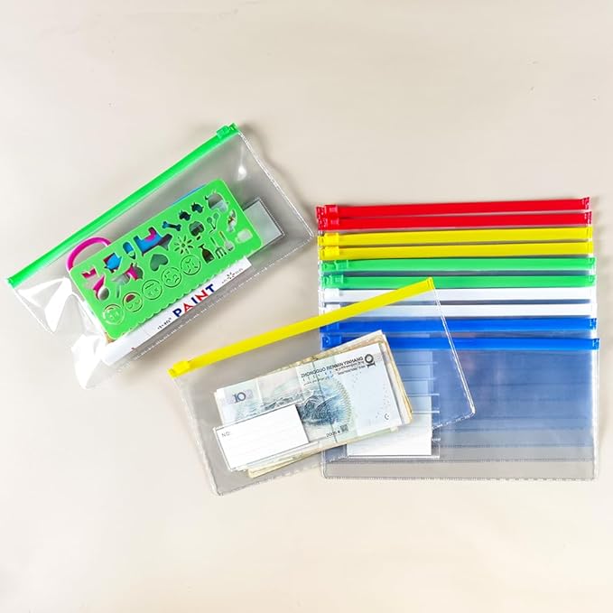 Small Zipper Plastic Envelopes, BOPART 30Pcs Plastic Pouch with Label Pocket, 9x4.7 Inches Clear Pencil Pouch Reusable Money Envelopes, Poly Zip Envelopes for Organizing & Storage