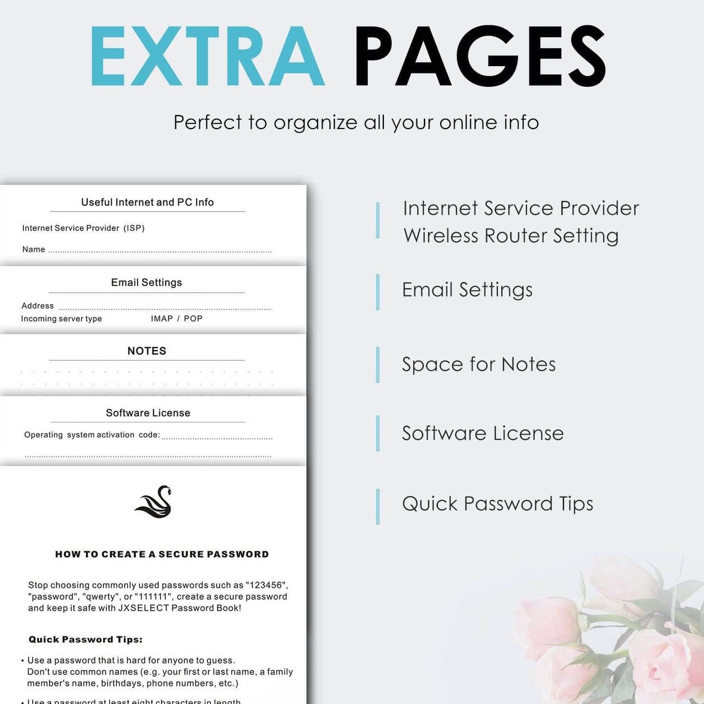 Elegant Password Book with Alphabetical Tabs - Hardcover Password Book for Internet Website Address Login - 7" x 10" Password Keeper and Organizer w/Notes Section & Back Pocket (Black)