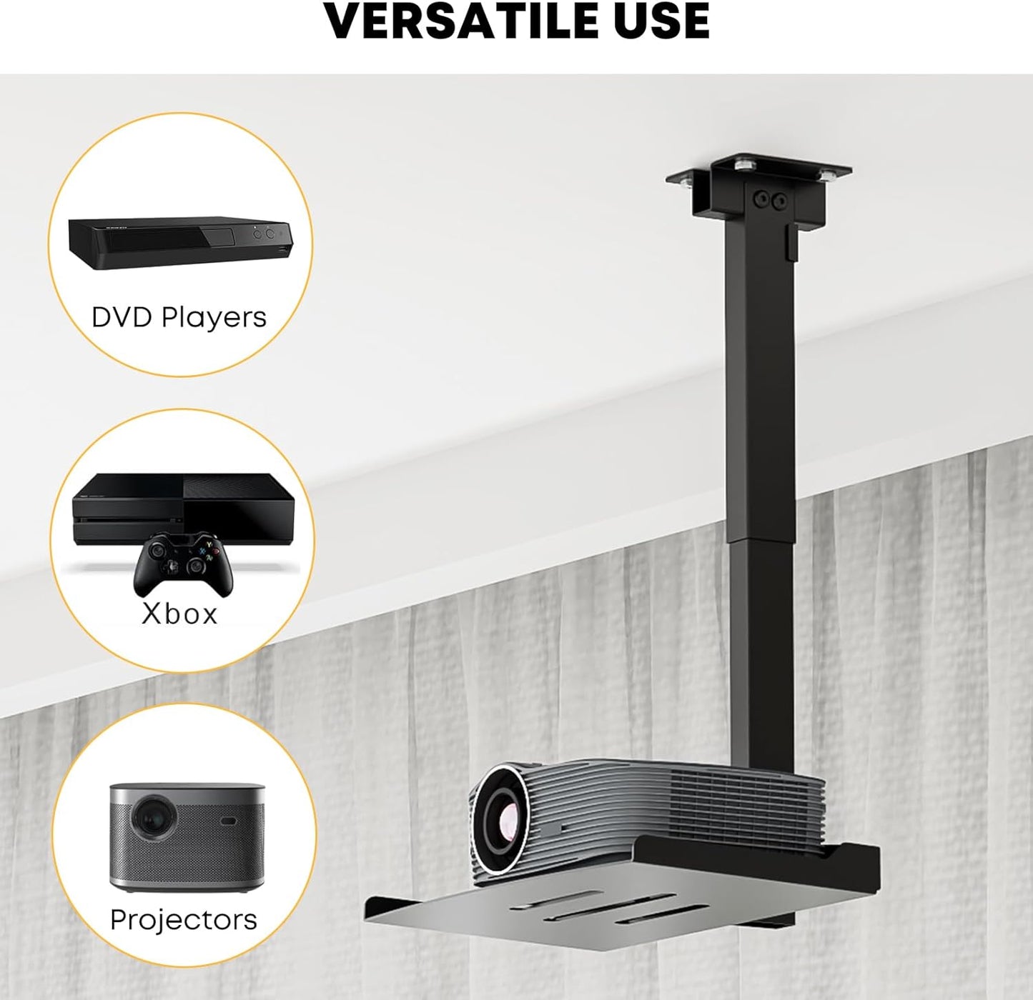 PUTORSEN Adjustable Projector Ceiling Mount,Universal Projector Shelf for Ceiling and Wall, Holds up to 22lbs,No Hole Installation, Hidden Cable Routing, Black