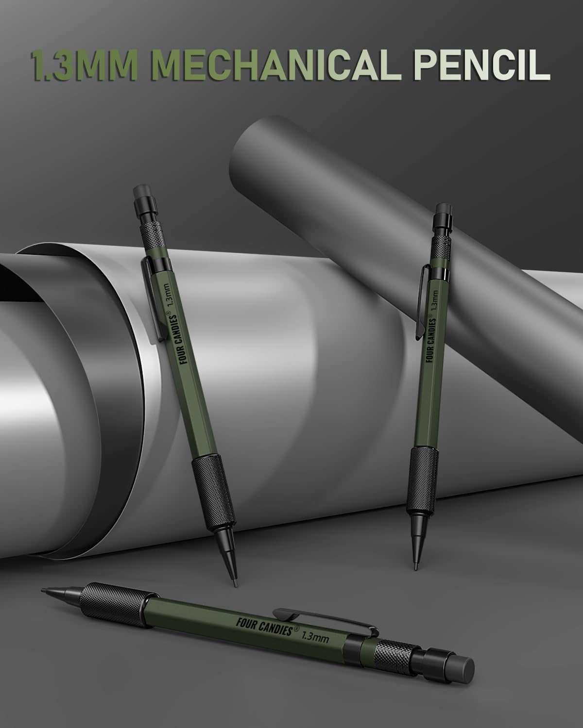 Four Candies 1.3mm Mechanical Pencil Set with 72 Lead Refill, 3PCS Metal Weatherproof Body Heavy Duty Carpenter Pencil, 3 Eraser, 16 Eraser Refill, for Outdoor Woodworking Drafting Marking with Case