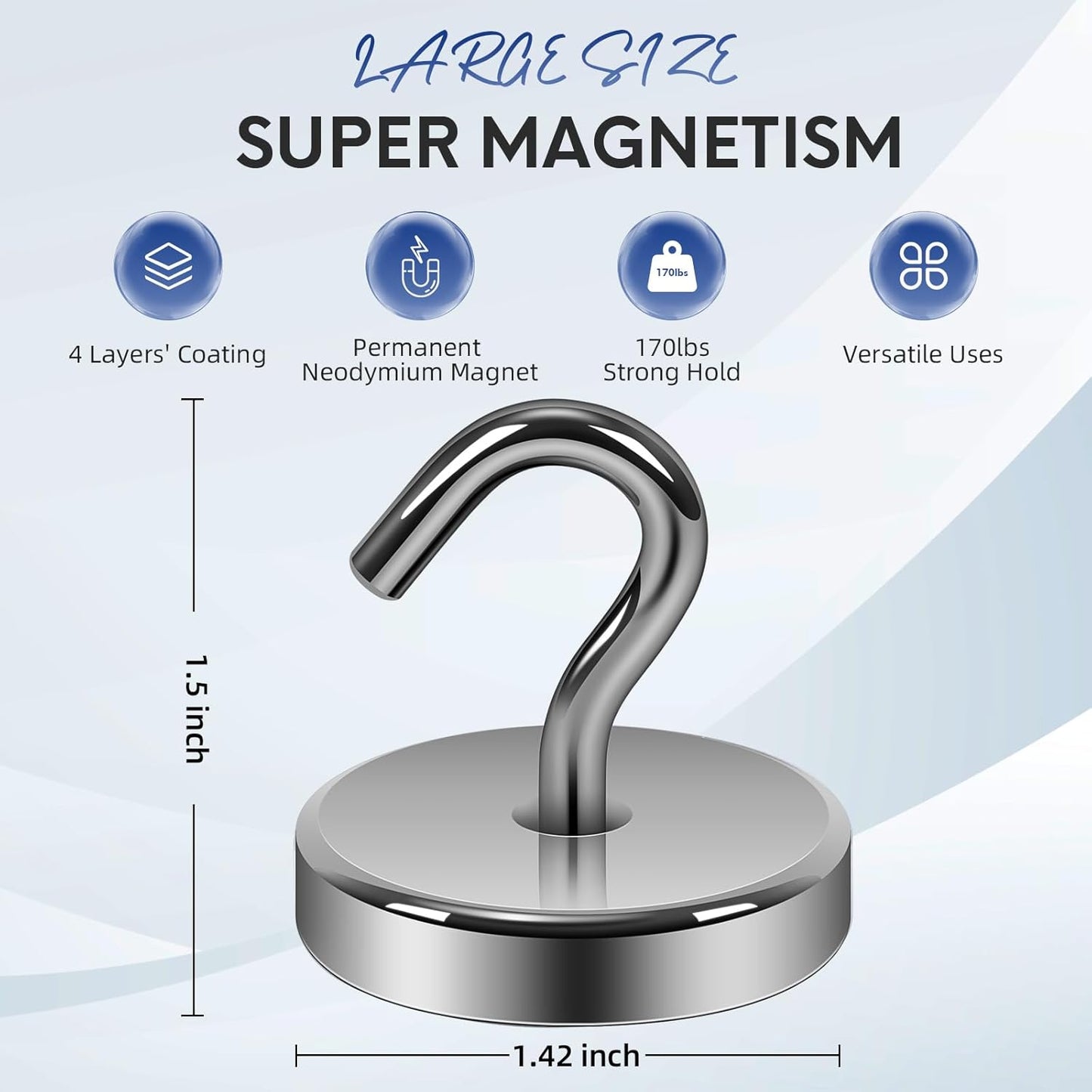 Neosmuk Magnetic Hooks, Heavy Duty 170lb Strong Magnets for Cruise Cabins, Ship Essentials, Large Metal Hooks for Hanging on Fridge(Gunmetal,Pack of 4)