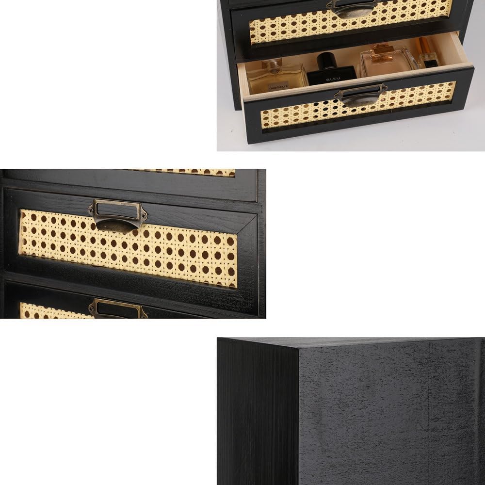 Large Wooden Drawer BoHo Desk Organizers Wooden Storage Dox with Drawers Rattan Paper Storage Drawer Wood File Organizer Library Card Catalog Cabinet Apothecary Cabinet (L-BLACK)