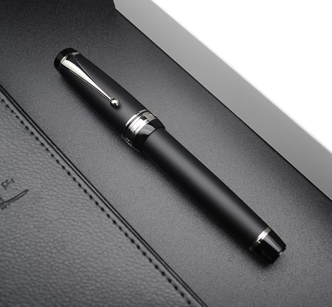 Metal Big Fountain Pen Set Medium Nib 0.7mm, Includes Ink Refill Converter, 5 Ink Cartridges & Gift Box (Medium Nib 0.7mm, Matte Black with Silvery Clip)