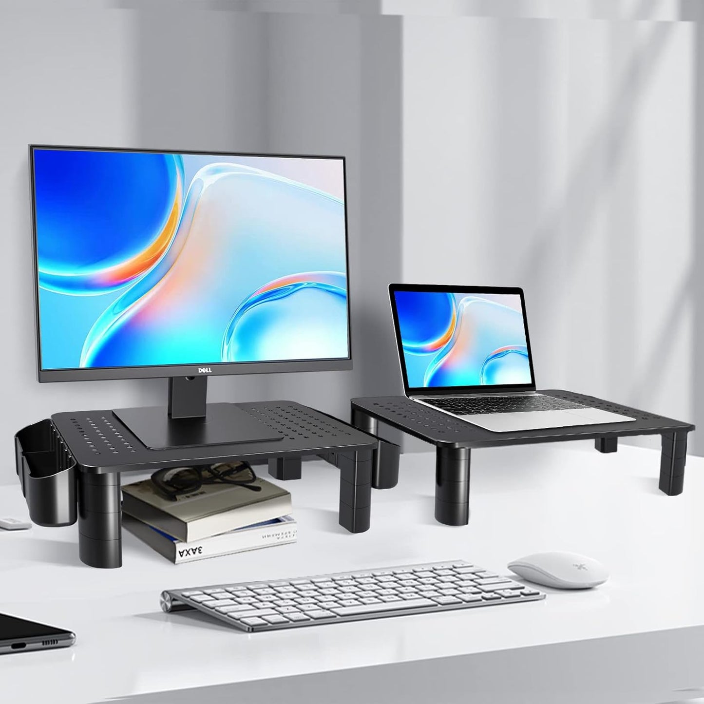 Pholiten 2 Pack Monitor Stand Riser, 3 Height Adjustable Monitor Stand, Flat Screen TV Monitor Stand Riser, Sturdy Metal Laptop Computer Monitor Stand Shelf for Printer, iMac,Premium Metal Monitor Risers for 2 Monitors