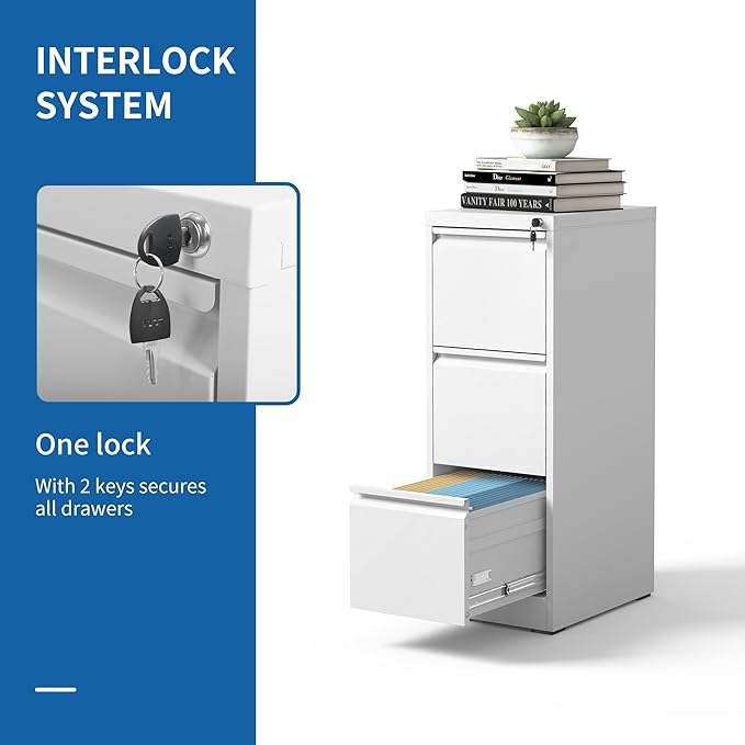3 Drawer File Cabinet with Lock, Vertical Filing Cabinets for Home Office, Locking File Cabinet Hanging Files for A4/ Legal/Letter, Require Assembly, White