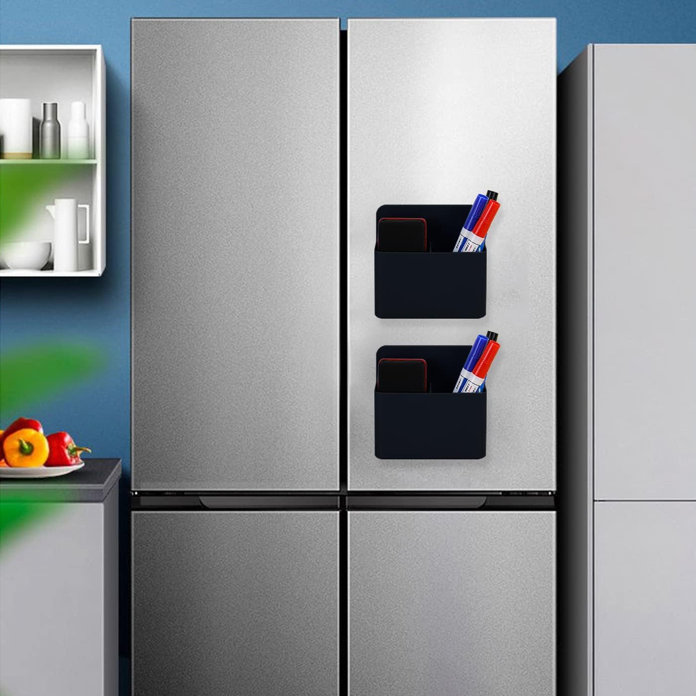 Magnetic Dry Erase Marker Holder, 2 Pack Magnetic Pen Marker Holder for Whiteboard, Fridge, Locker Accessories, School, Office, Home, Magnet Pen Cup, Black