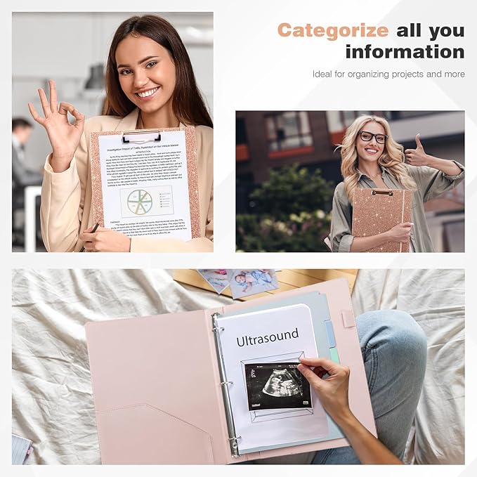 Ospelelf 3 Ring Binder 1 Inch, Vintage Leather Clipboard Binder Organizer for Letter Size (8.5" x 11"), Professional Binder Organizer Dividers with 5 Tabs, Rose Gold